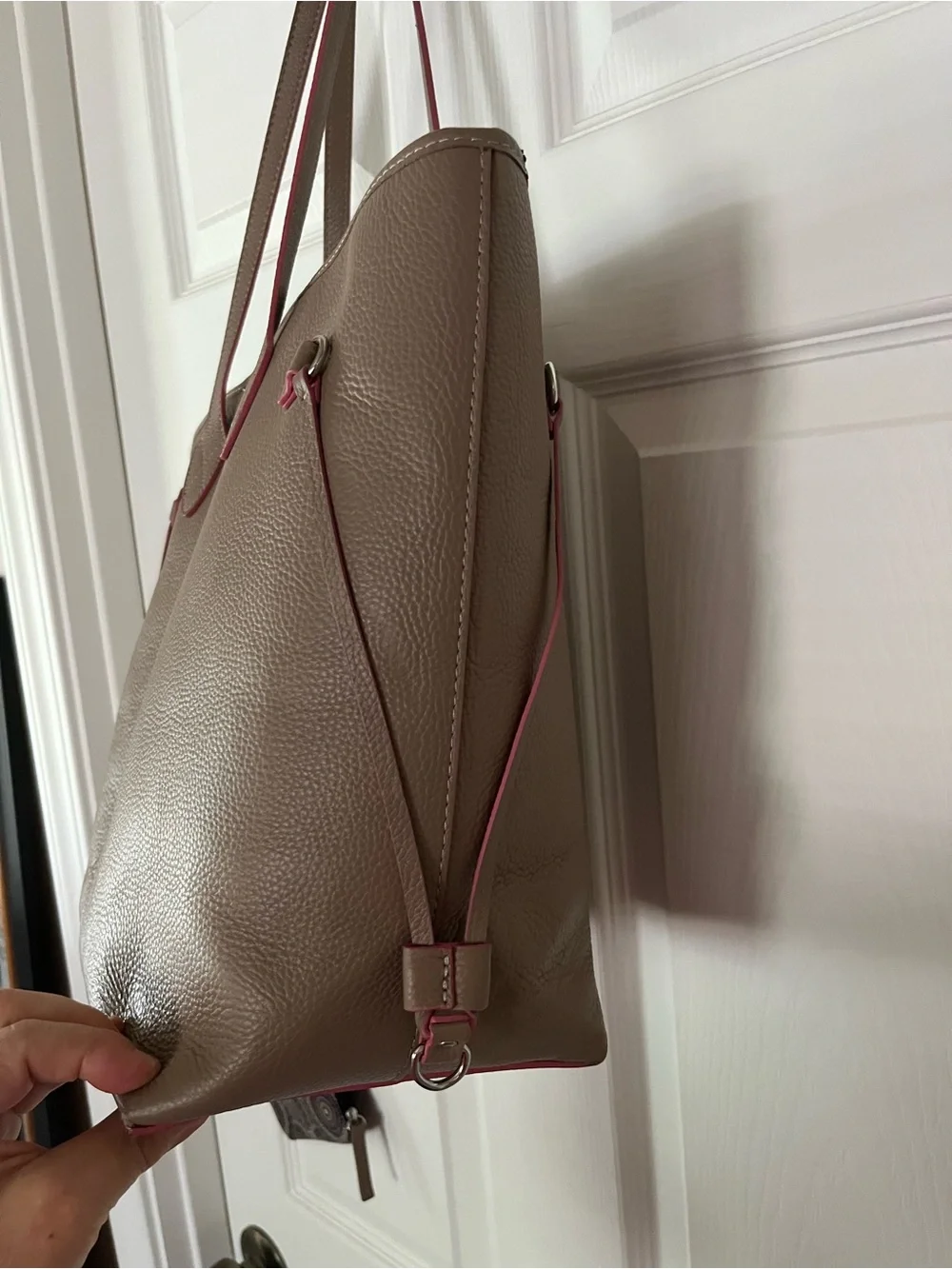 LODIS Bliss Taupe/Tan/Brown Pebbled Leather Tote, Pink Trim, approx 17”wx12”h